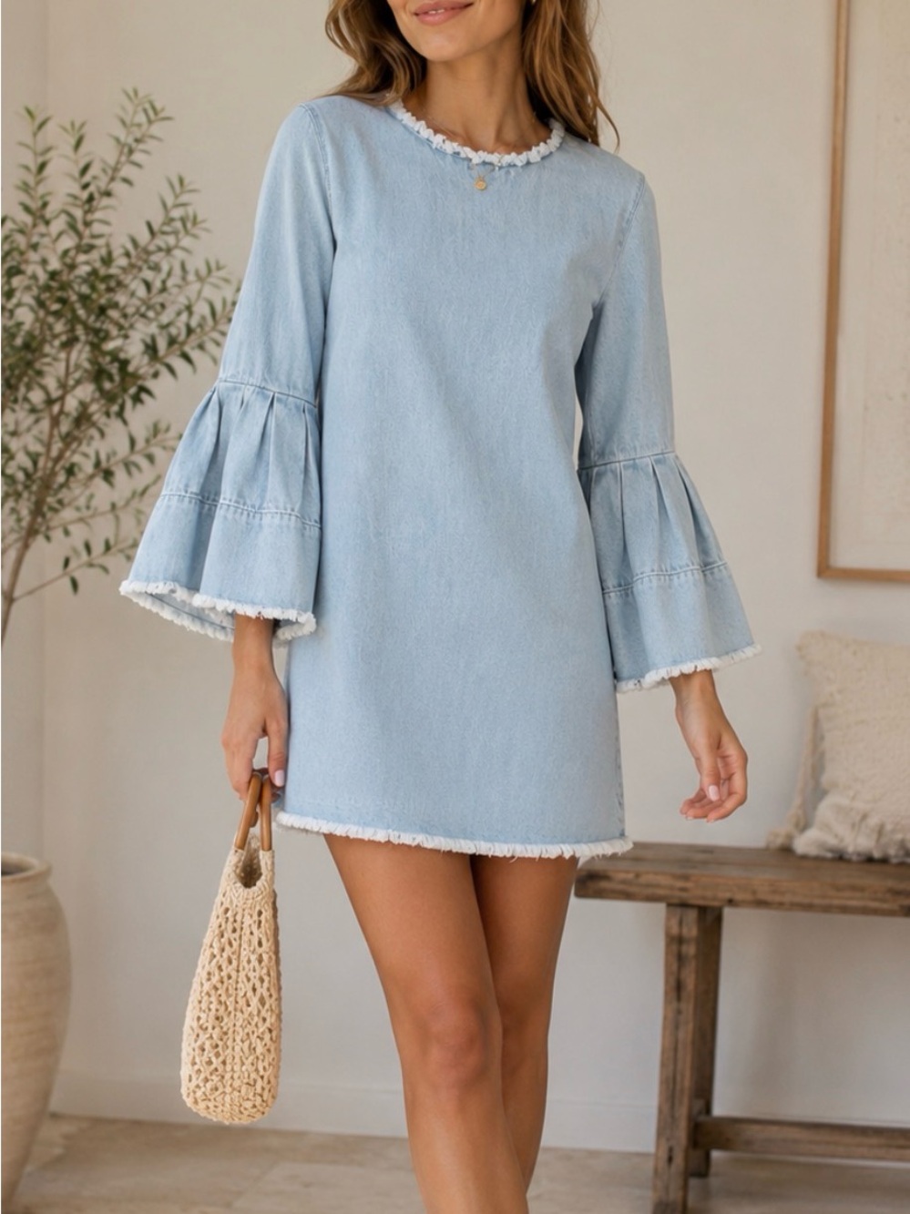 DO+BE Light Wash Blue Denim Tiered Bell-Sleeve Raw Frayed Edge Trim Mini Dress S